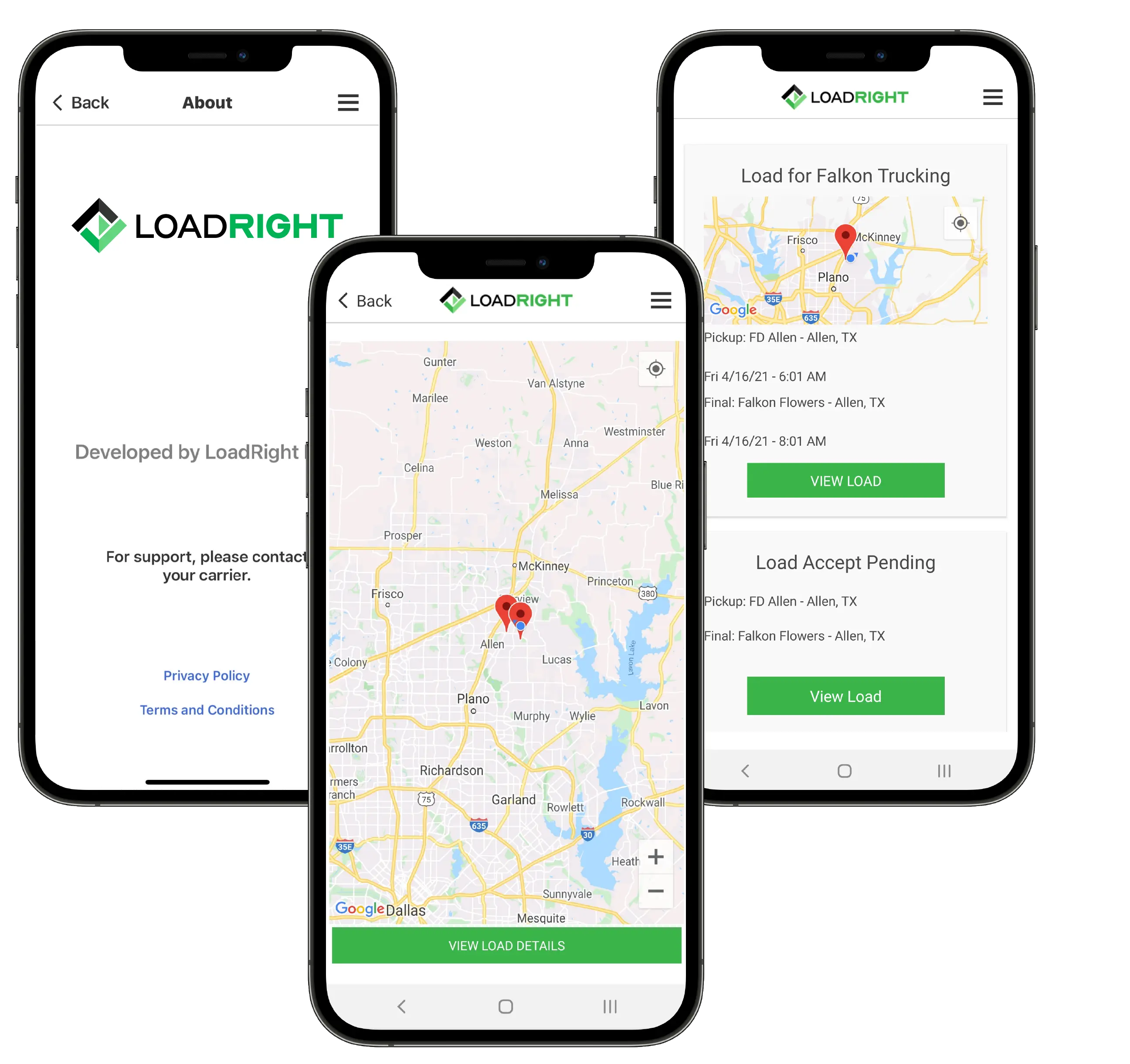 Three phone screens from the mobile app developed for Loadright