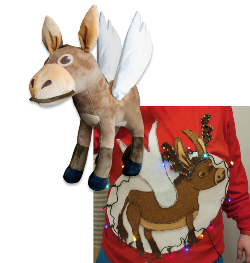 mascot Darnell as a stuffed animal and photo of Darnell on an ugly holiday sweater