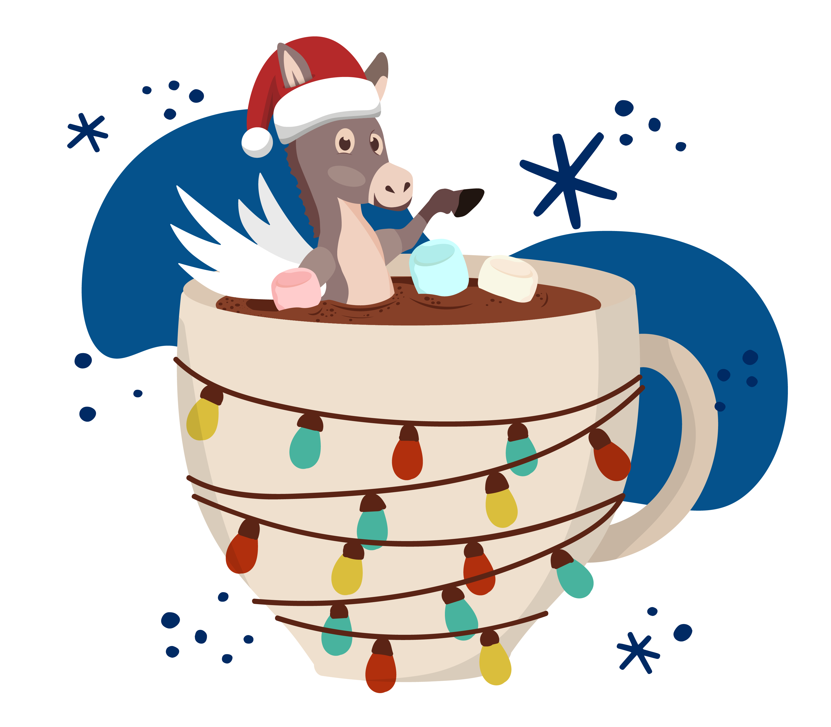 mascot Darnell in giant mug of hot chocolate with santa hat and lights 