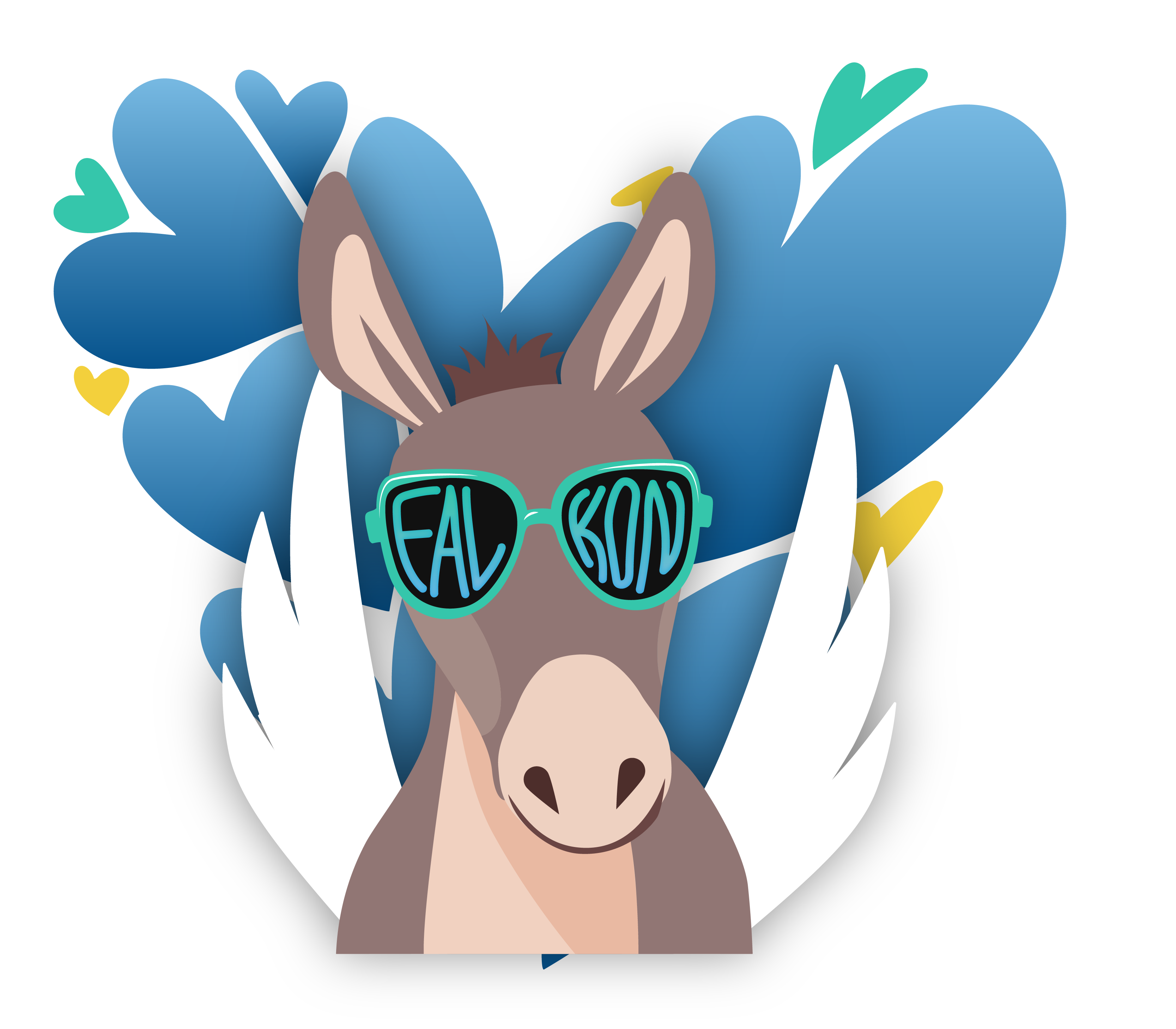 mascot Darnell looking cool with sunglasses with hearts behind him