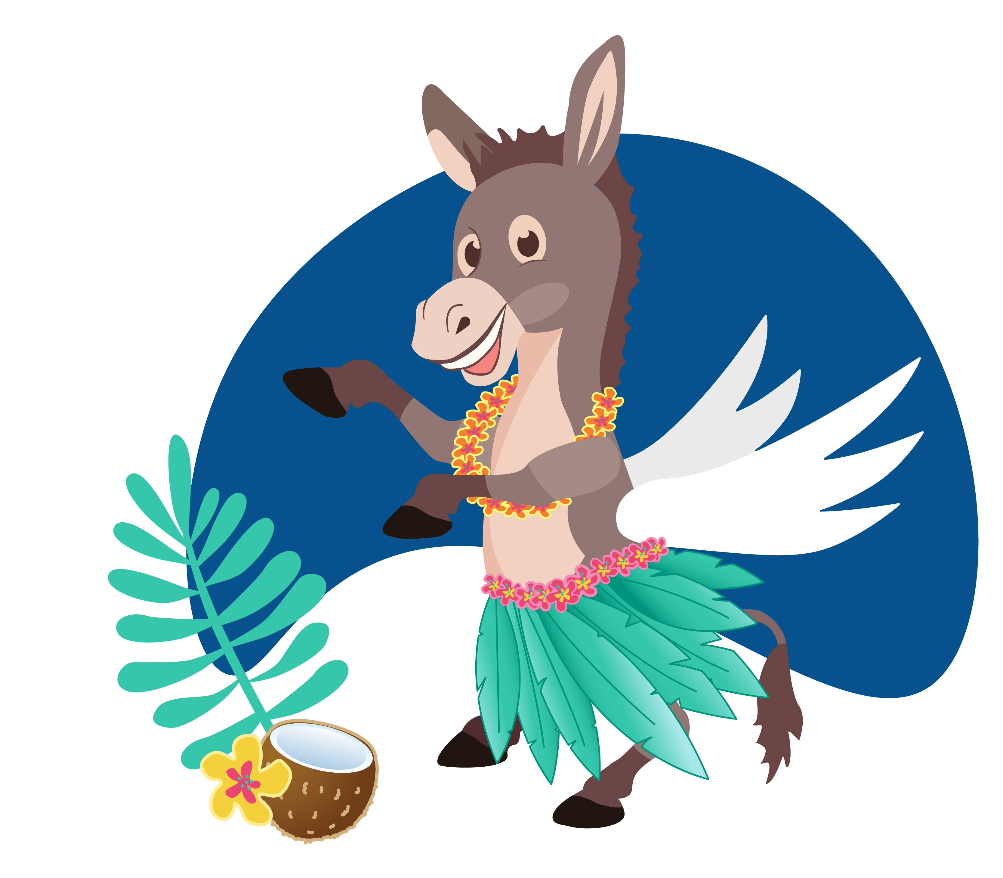 mascot Darnell dancing in a hula skirt 