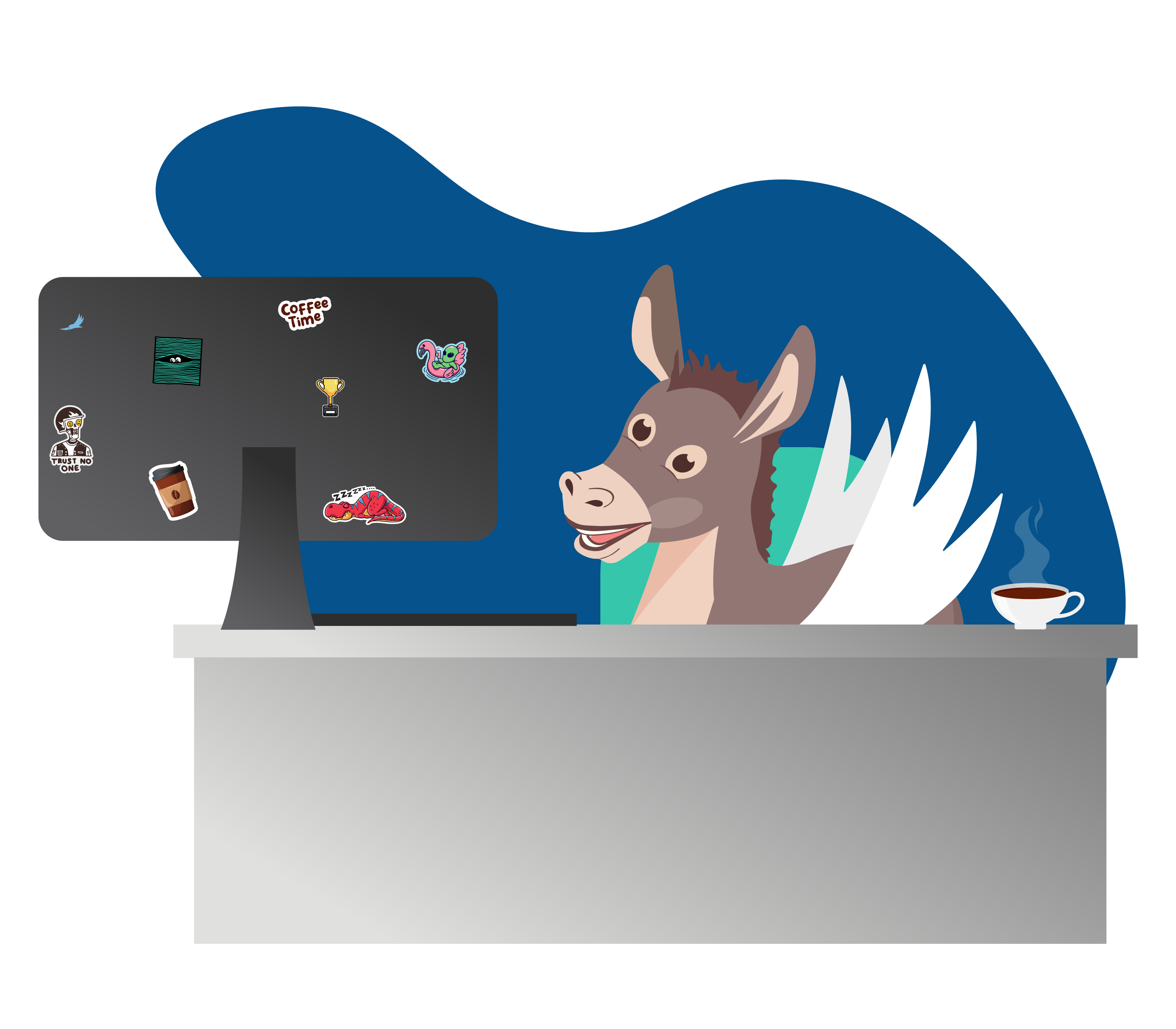 mascot Darnell working behind a desk 