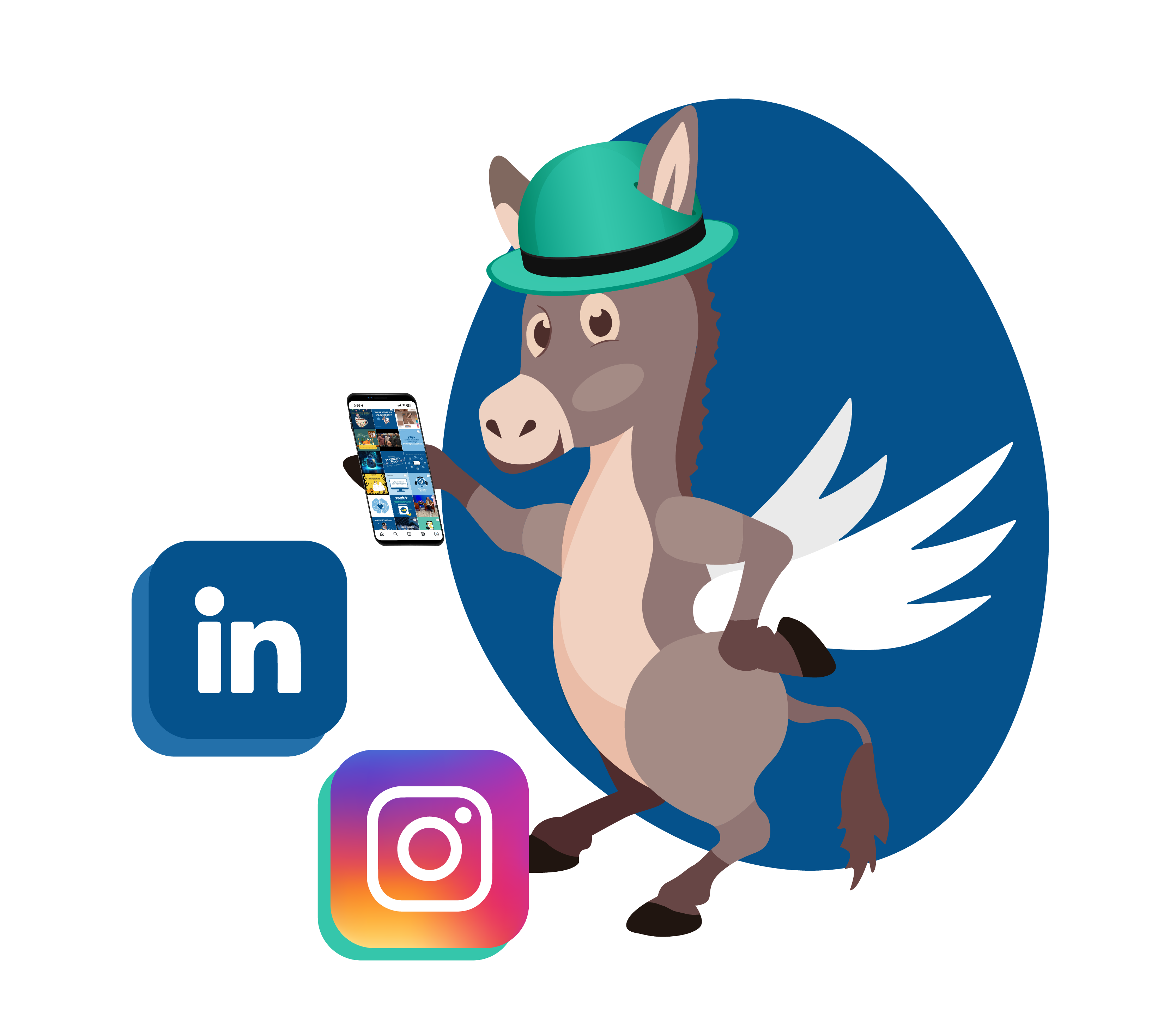 mascot Darnell checking his social media on a phone 